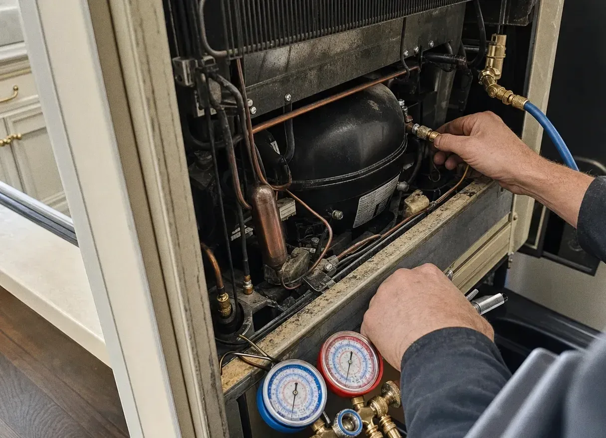 Refrigeration manifold gauges connected to a compressor in an open machine compartment, hands at the valve knobs