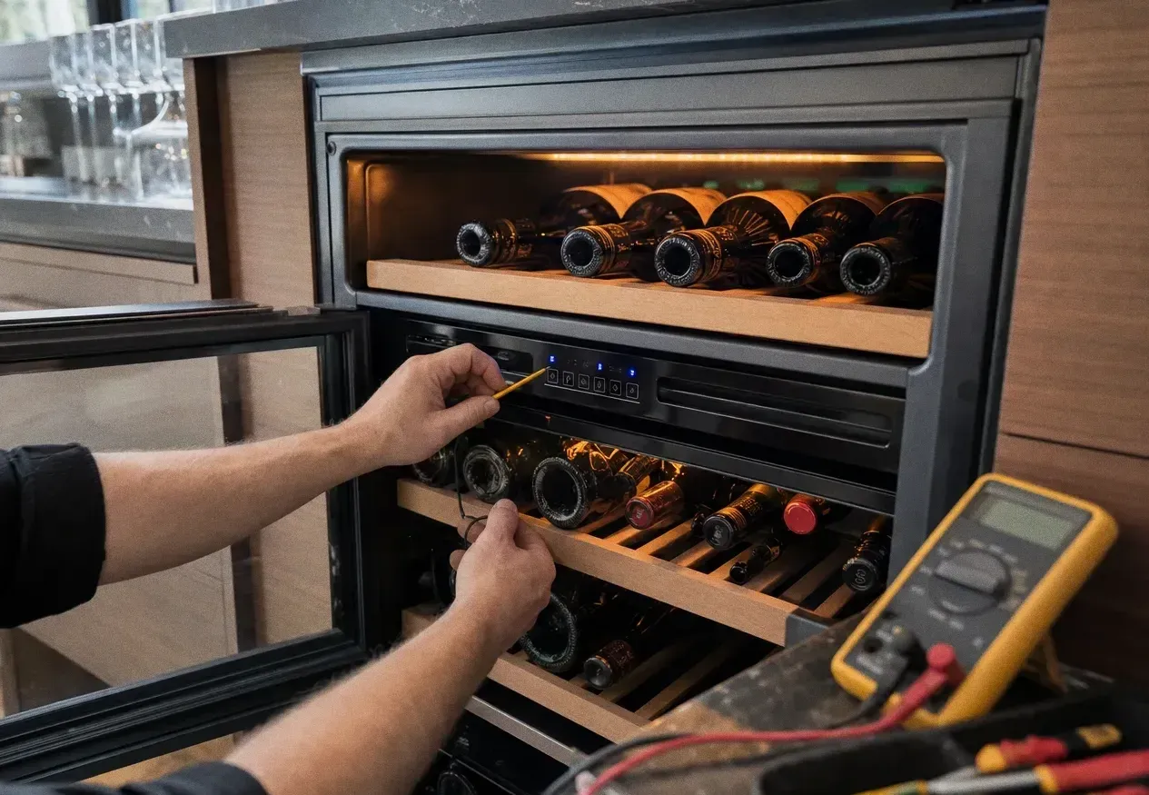 Wine cabinet open with bottles on wooden racks, a hand at the control strip and a multimeter resting on a rack