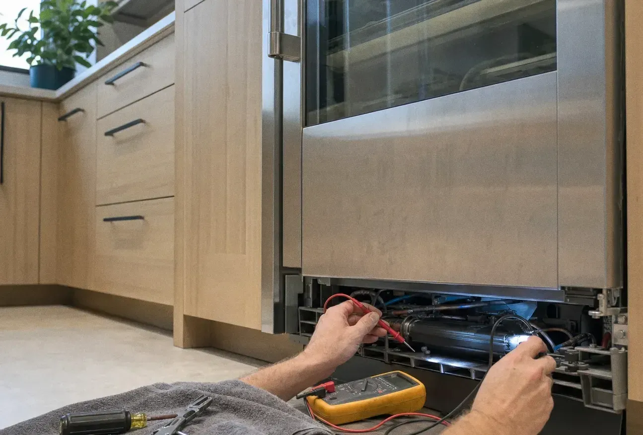 Panelled built-in refrigerator in pale cabinetry with the base panel off and meter probes on a component inside