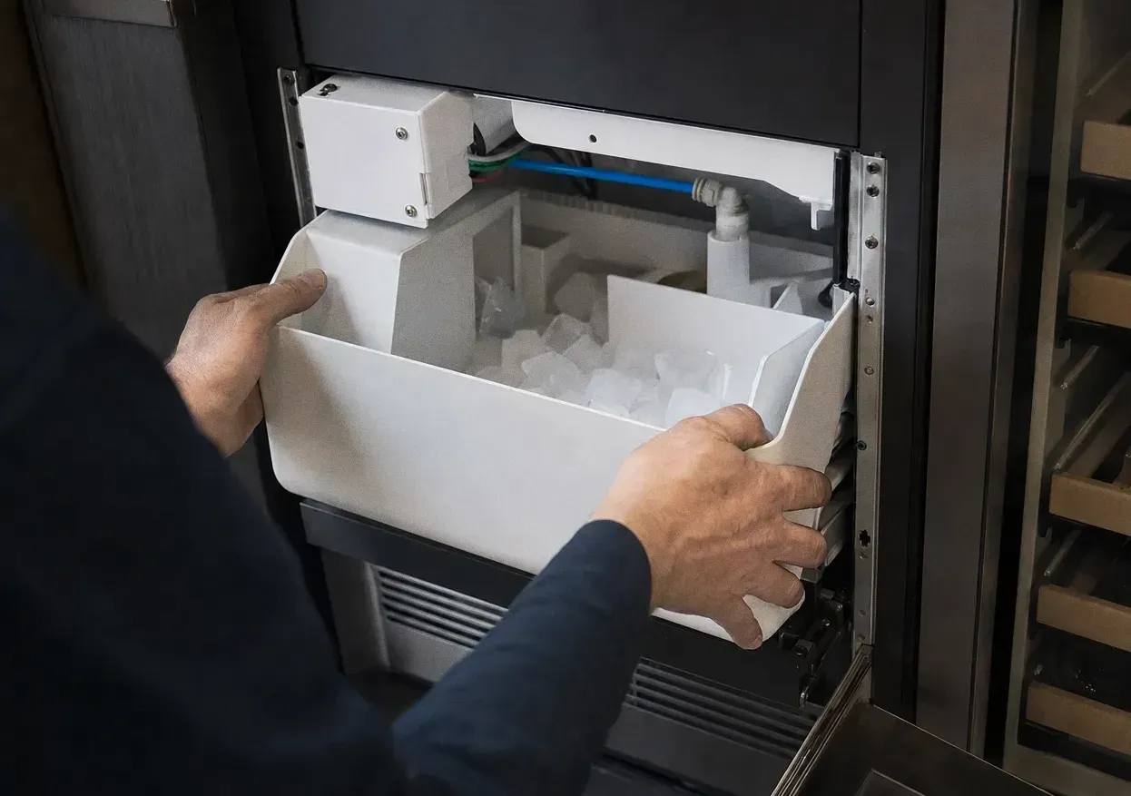 White ice bucket full of cubes being lifted out of its housing